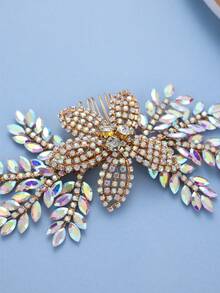 Gold Side Comb Decorated With Colorful AB Crystals, Exclusive For Brides, Wedding, Bachelorette Party And Birthday Hair Accessory - Color - View 5