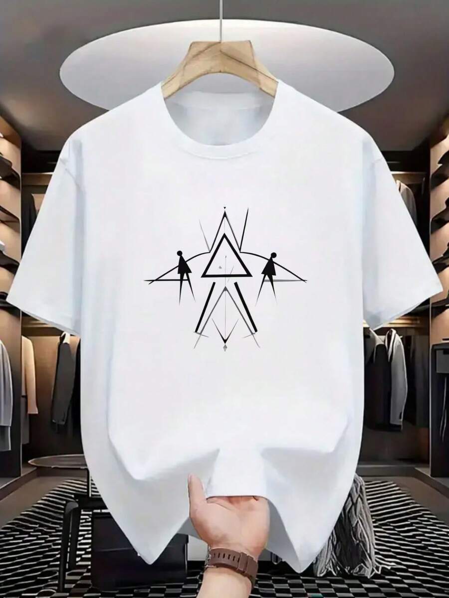 Playeras de hombre 2026Playeras de hombre 2026Camiseta de manga corta para hombre en blanco y negro con estampados geométricos de estrellas y figuras humanas, estilo casual urbano para uso d - Blanco - Ver 1