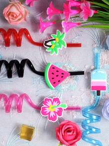 8pcs Reusable Tropical Straws | Reusable Spiral Straws | Hawaiian Tropical Rainforest Theme, Suitable For Summer Beach, Poolside And Birthday Parties, With Palm Tree, Ice Cream And Pineapple Tropical Decorations - View 2