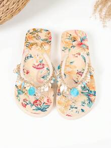 時尚百搭女款天然貝殼、海星與藍色海馬吊飾，女款平底時尚休閒沙灘涼鞋，花卉印花圖案防滑平底夾腳拖鞋，適合女性與女孩，夏季沙灘 - 彩色 - 查看 9