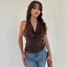 Women's Satin Halter Neck Crop Top, Backless, Sleeveless, With Ruched Waist, Irregular Hem, Fitted, Casual Style. - 褐色 - 查看 1