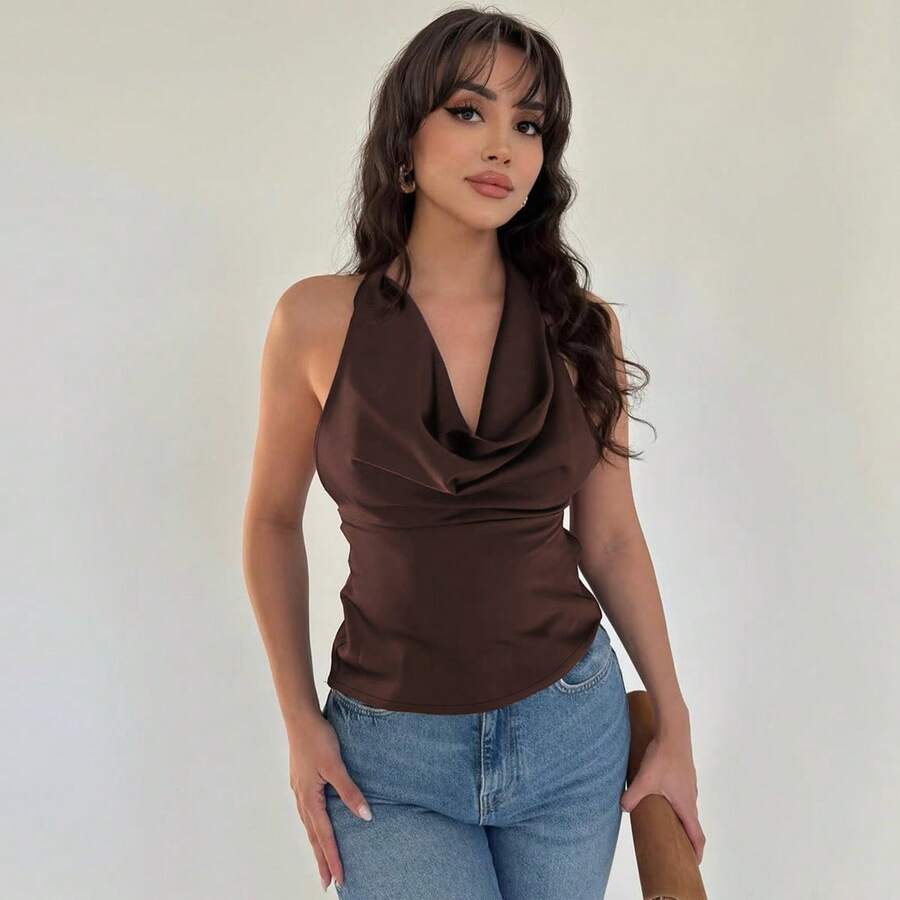 Women's Satin Halter Neck Crop Top, Backless, Sleeveless, With Ruched Waist, Irregular Hem, Fitted, Casual Style. - 褐色 - 查看 1