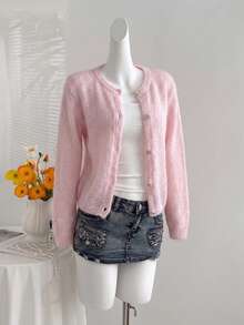 Cardigan Rajut Mohair Lembut dan Halus untuk Wanita, Warna Pink Polos, Kerah Bulat, Kancing Depan, Lengan Panjang, Longgar, Kasual, Jaket Sweater Musim Gugur - Baby Pink - View 6