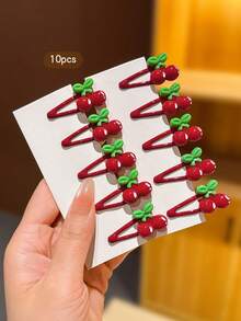 10pcs Red & Purple Cherry BB Hair Clips, Cute Women's Side Hair Clips, Flyaway Hair Clips, Suitable For Daily Use Hair Accessories - Red - View 2