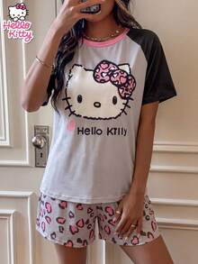 SANRIO KT Cat 两件套睡衣套装 - 插肩袖豹纹蝴蝶结T恤 + 配套短裤，宽松版型，弹力亲肤，甜美休闲风，适合室内外穿着 - 灰色 - 查看 3