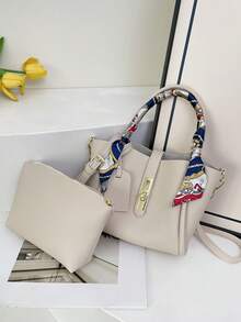 2pcs Spring New Fashion PU 2-Piece Set Medium Size Women's Handbag, Minimalist Commuter Shoulder Crossbody Bag With Scarf Decoration, Suitable For Women And Girls, Work Essential - Beige - View 10
