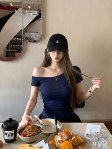 Fashion Asymmetric Collar Short Sleeve Fitted Cropped T-Shirt Summer - Navy Blue - View 1