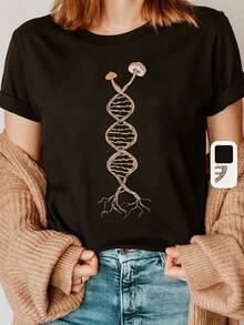 2026 Women's Blouses, Fashionable Letter Print T-Shirt "DNA Mushroom Fungus", Short Sleeve, Round Neck, Casual Top For Summer And Spring, Women's Clothing. - 黑色 - 查看 2