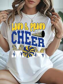 Camiseta de "Mamá £ animadora orgullosa y ruidosa" para seguidores de porristas con dise o azul y amarillo con gr £ fico de pompones y meg £fono - Blanco - Ver 2
