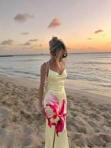 Vestido midi elegante con volantes en el cuello y bajo de cola de pez con estampado de lunares y flores para mujer - Amarillo - Ver 1