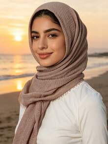 1pc Women's Solid Color Pleated Muslim Basic Classic Plain Headscarf Turban - Rusty Rose - View 2