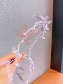1pc Fashionable Exquisite Rhinestone Mesh Butterfly Flower Tassel Pearl Ribbon Thin Headband - Mauve Purple - View 5