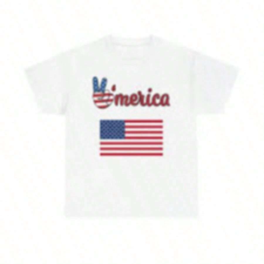 White T-Shirt For Toddlers With Patriotic 4th Of July Print, Casual, Short Sleeve, , Kindergarten Graduation, 4th Of July Girls, Children's Items, Clothing - 藕粉色 - 查看 1