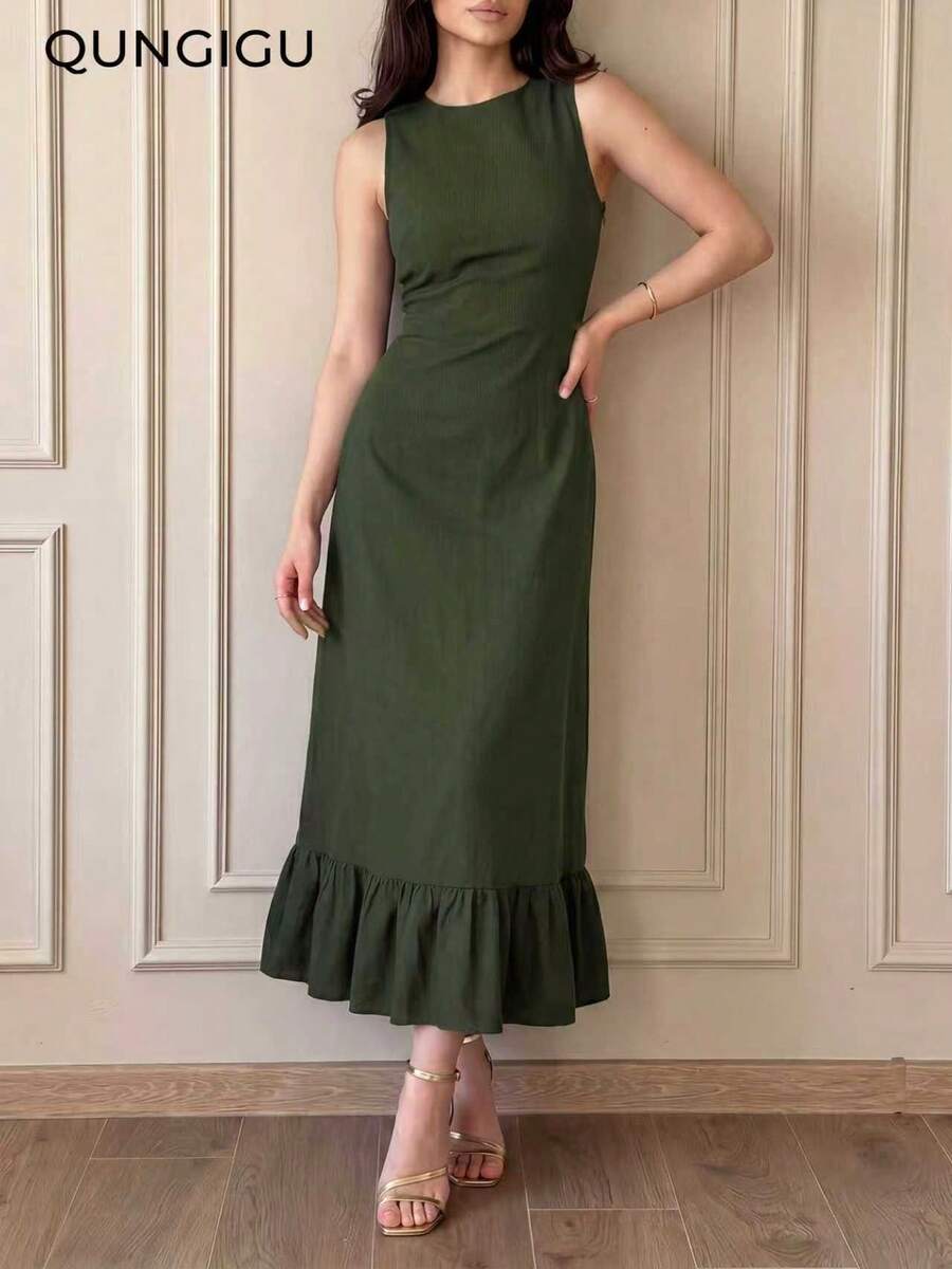 QUNGIGU Women's Elegant Sleeveless Maxi Dress With Tie Waist And Ruffle Hem, Suitable For Formal Cocktail Party, Wedding Guest - Green - View 1