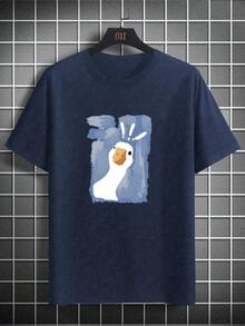 Plus Size Minimalist Watercolor Cute White Goose Print Loose Casual Men's T-Shirt | Suitable For Summer Wear - Navy Blue - View 3