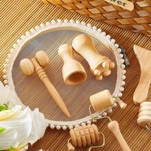 7件組木製按摩療癒工具組，木製臉部按摩工具與滾輪組，適用於淋巴排毒護理、居家放鬆與臉部護理，天然原木 - 杏色 - 查看 6