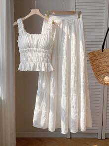 Conjunto de 2 piezas para mujer estilo vintage pastoral primavera/verano 2026, top con hombros descubiertos y volantes, falda larga de talle alto con volantes tipo pastel, atuendo retro de dama elegante - Blanco - Ver 9
