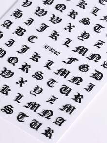 2張3D自黏式哥德字母美甲貼紙，黑色古英文A-Z字母，龐克Y2K風格，復古個性化美甲DIY裝飾配件 - 黑色 - 查看 6