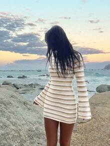 Women's Spring/Summer Striped Color Block Sexy Beach Vacation Slimming Knit Hollow Out Sheer Backless Design Long Sleeve Cover-Up Short Dress - Multicolor - View 3