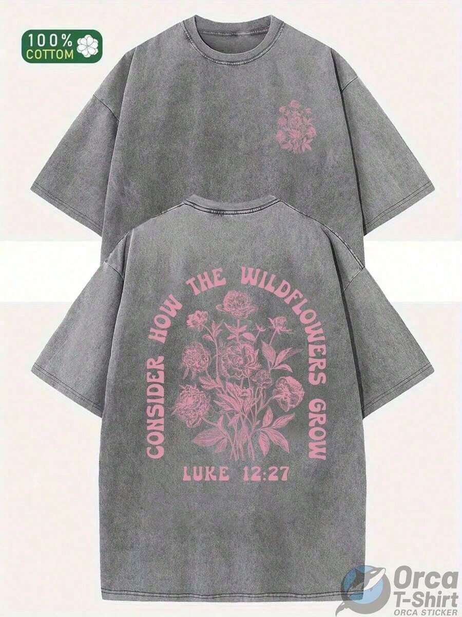 Ropa de hombre; Camiseta de verano de 230g de peso pesado con estampado de cera para hombres y mujeres - Corte holgado, cuello redondo, mangas cortas, con un estampado de flores silvestres y - Blanco - Ver 1