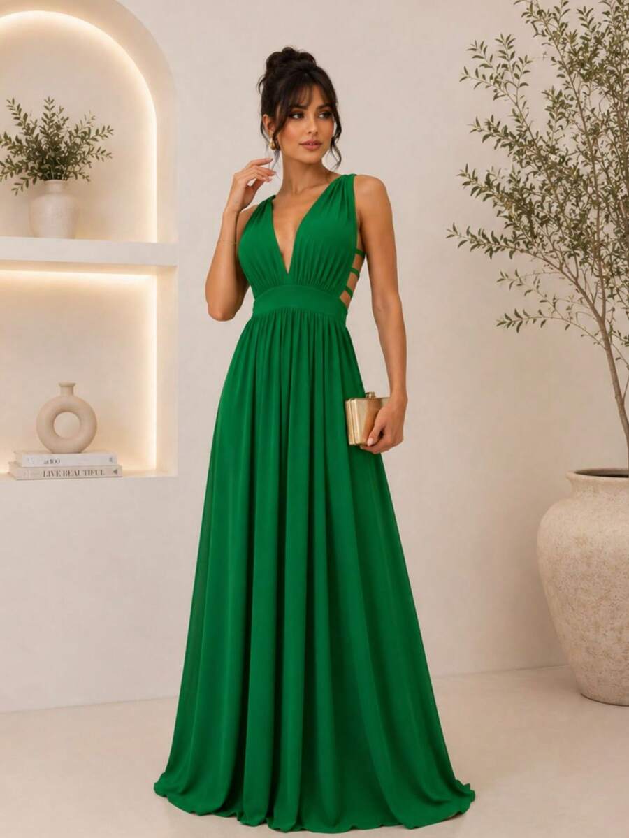 Cheap Bridesmaid Dress For Party Guests, Reception, Graduation, Without Shine, Open On The Side - Green - View 1