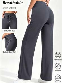 Women's High Waist Loose Wide Leg Pants, Summer Lightweight Wide Leg Yoga Pants, Casual Loose Straight Leg Pants, Tummy Control Wide Leg Pants, Slimming Butt Lifting Yoga Pants, Fitness Training Casual Pants High Elasticity Long Pants, Office Work Pants, Gym Training Long Pants, Spring Summer Autumn Winter Full Length Long Pants, All Season Formal And Casual Long Pants, Women's Clothing - Grey - View 4