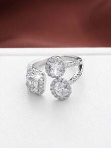 1pc Asymmetrical Three-Stone Open Ring, Full Rhinestone Halo Setting, Light Luxury Hand Jewelry, Commuter Daily Versatile Exquisite Ring Accessory - JZ22077 - View 2