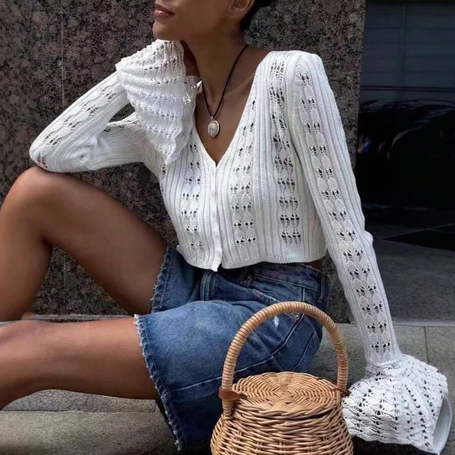 Novedades 2025: chaqueta de punto calada para mujer, de manga larga, cuello en V y color liso; top de punto corto de color liso - Blanco - Ver 1