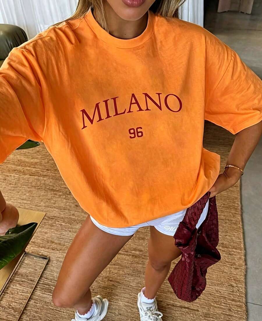 Circle - T-Shirt D'été Décontracté à Manches Courtes With Motif Milan Imprimé - 6717 Haine Vara - 橘色 - 查看 1