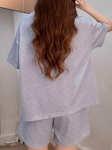 2件組女款睡衣家居服套裝，可愛動物印花鈕扣短袖簡約休閒時尚短褲，舒適居家，易打理面料 - 藍色 - 查看 3