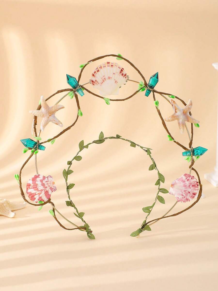 Diadema de corona de hojas con estrella de mar y concha natural, guirnalda de cabello con enredadera verde y cristales estilo boho, tocado de sirena para boda en la playa, fiesta de cosplay y vacaciones - Multicolor - Ver 1