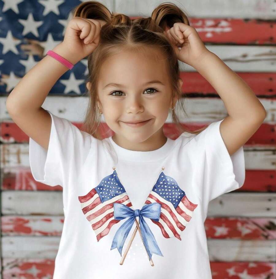 Camiseta Blanca para Niños Pequeños con Estampado Patriótico del 4 de Julio, Casual, Manga Corta, Nee Doh, Graduación de Jardín de Infancia, Niñas del 4 de Julio, Artículos para Niños, Ropa - Blanco - Ver 1