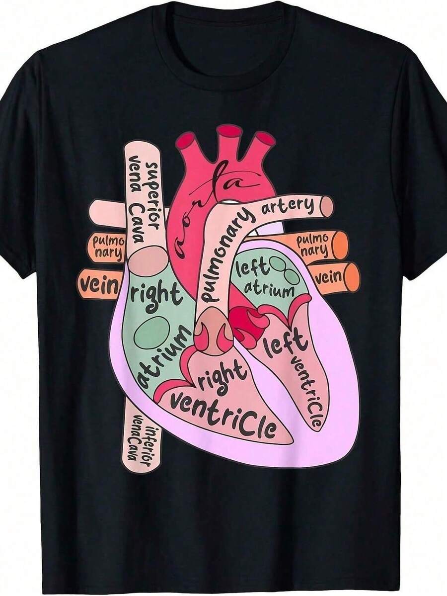 Camiseta Unisex con Cuello Redondo y Diagrama Gráfico de la Anatomía del Corazón Humano, para Médicos, Enfermeros, Estudiantes, Uso Diario Casual - Negro - Ver 1
