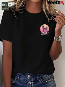 Camiseta de manga corta casual para mujer con diseño vintage de poodle y atardecer, cuello redondo, 100% pura, camisetas con estampado gráfico, uso diario, el mejor regalo - [Negro] - Ver 1