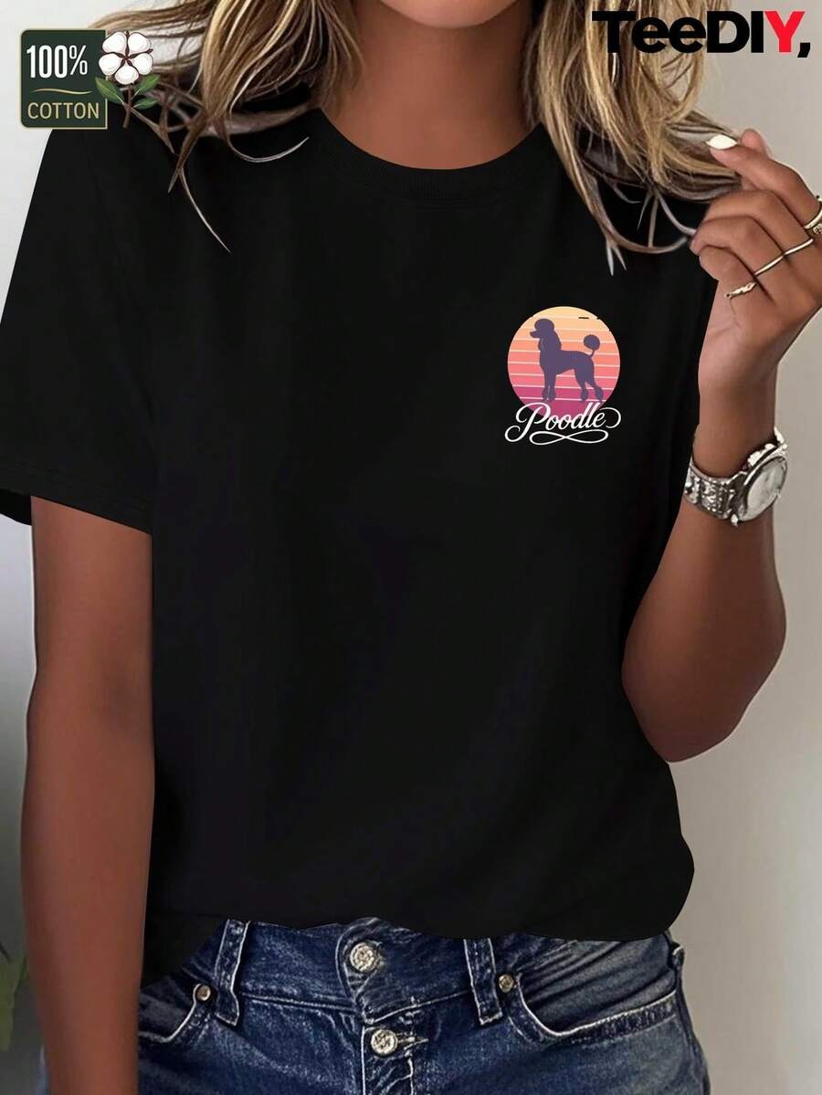 Camiseta de manga corta casual para mujer con diseño vintage de poodle y atardecer, cuello redondo, 100% pura, camisetas con estampado gráfico, uso diario, el mejor regalo - [Negro] - Ver 1