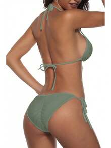 Women Two Piece Swimsuit Sexy Swimwear Halter String Triangle Bikini Sets - 草綠1 - 查看 3