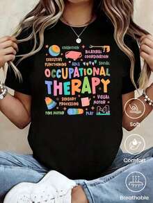 Playera negra holgada mujer con letras coloridas Occupational Therapy y dibujos juguetes, camiseta suave transpirable ideal para terapeutas ocupacionales y uso casual diario - Negro - Ver 1