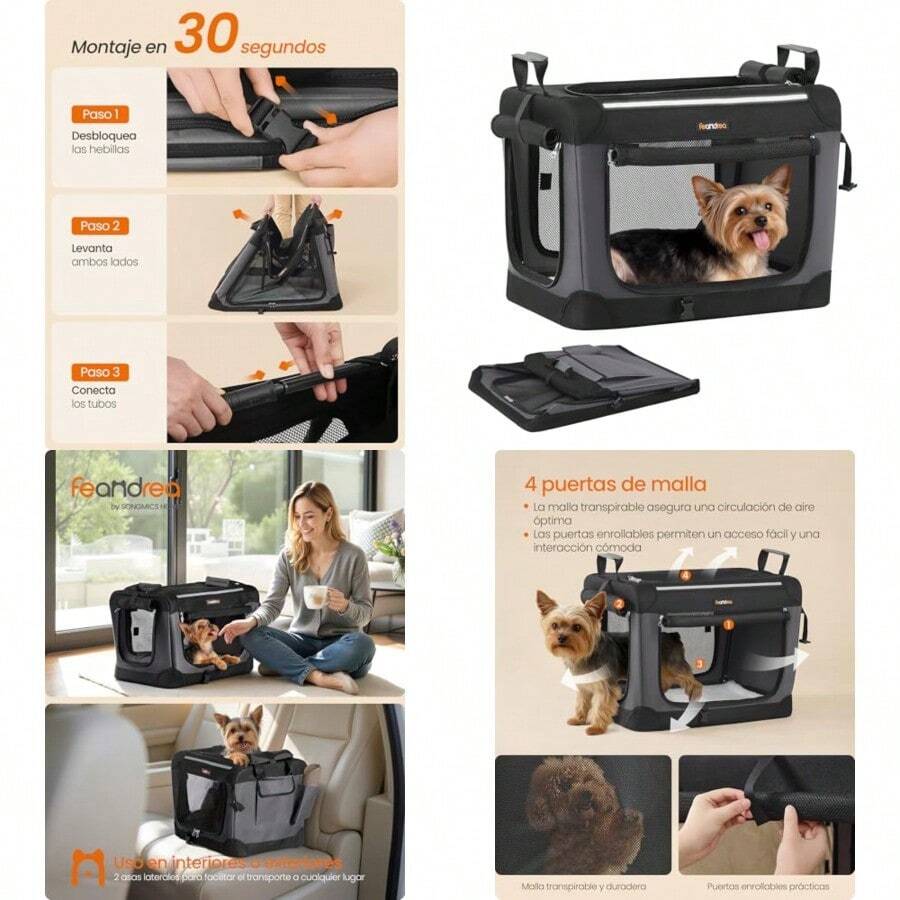 Transportín para Perros Plegable para Perros Pequeños 50 x 35 x 35 cm Tela Oxford Puertas de Malla Negro Tinta MPDC015BH02 - como en la imagen - Ver 1