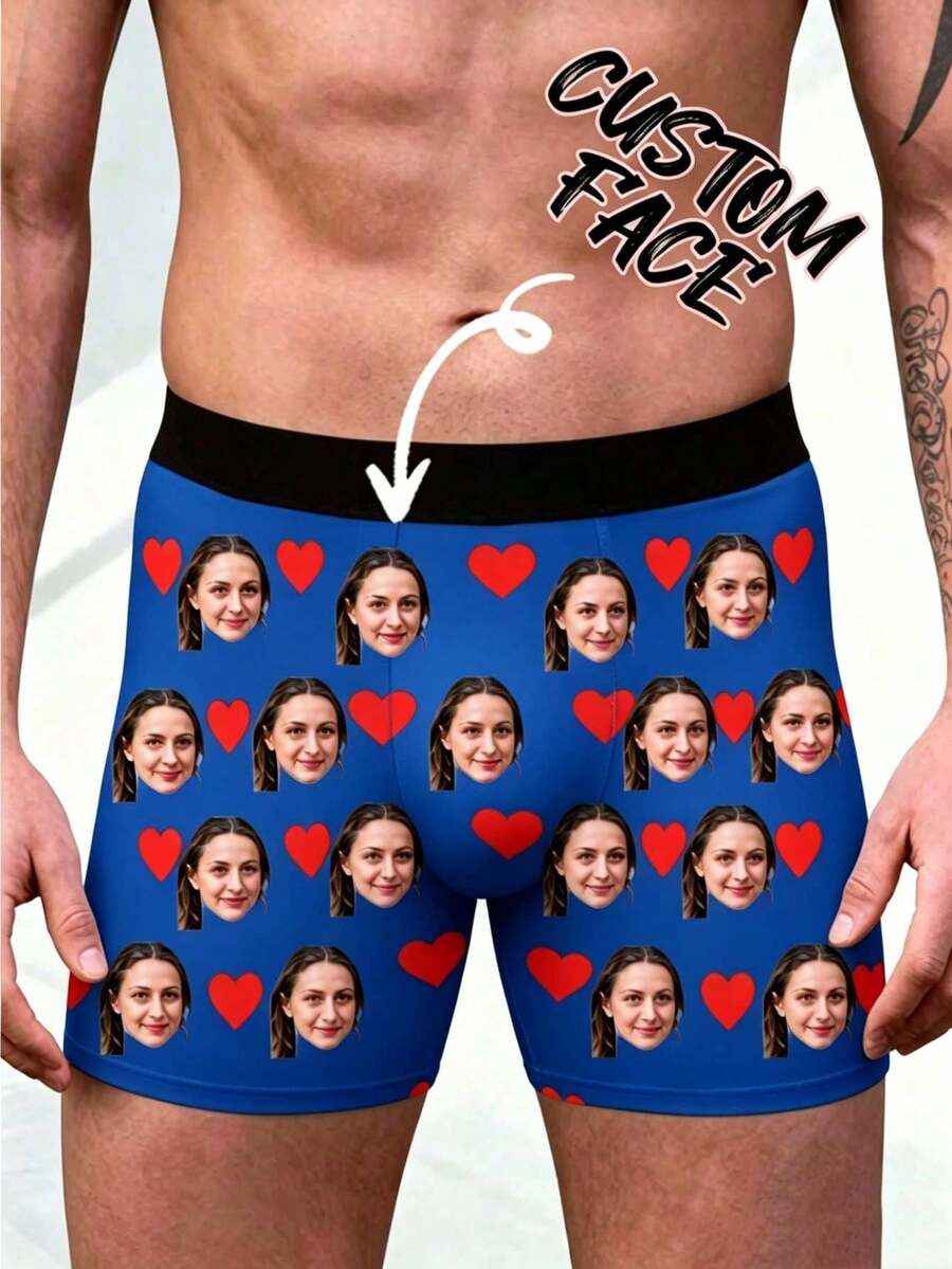 1 chiếc quần boxer nam in ảnh khuôn mặt tùy chỉnh màu đen, chất liệu polyester mềm mại thoải mái, phong cách độc đáo, quà tặng Giáng Sinh - Màu xanh lam - Xem 1