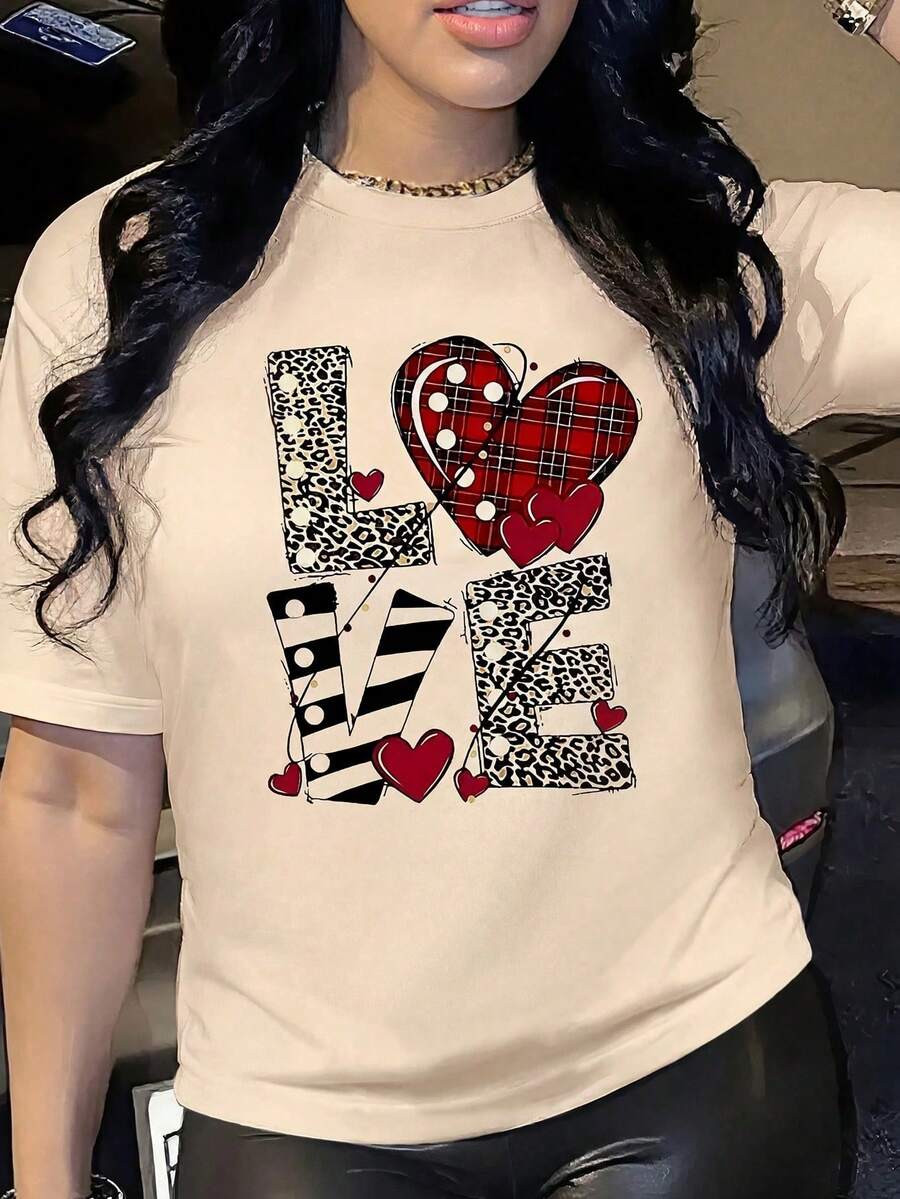 Graduation Gift Top Women's Chic LOVE Graphic Print Short Sleeve T-Shirt Casual Round Neck Drop Shoulder Top With Leopard And Plaid Designs. Oversize Coquette Vintage Y2K Streetwear Pal - 杏色 - 查看 1