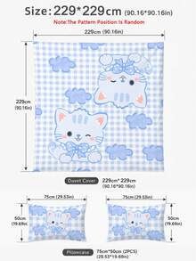 Juego de ropa de cama de 2/3 piezas, juego de funda nórdica con estampado de gato azul a cuadros. Suave, cómodo, amigable con la piel, transpirable, adecuado para todas las estaciones, decoración navideña, regalo de Navidad, disponible en tamaños individual, doble, queen, king, dormitorio, textiles para el hogar minimalista, esencial para volver a la escuela, lavable a máquina, decoración de otoño, suministros para la habitación, 1 funda nórdica con 1/2 fundas de almohada (rellenos no incluidos). - Azul - Ver 13