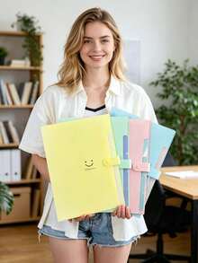 A4 Folder Multi Layer Five Grid Smile Organ Bag Button Paper Storage File BagAesthetic Expanding File Folder Document Organizer With Snap Closure Index Tabs Cute Waterproof Accordion Paper Folder For School Office Supplies - Multiple Styles - View 2