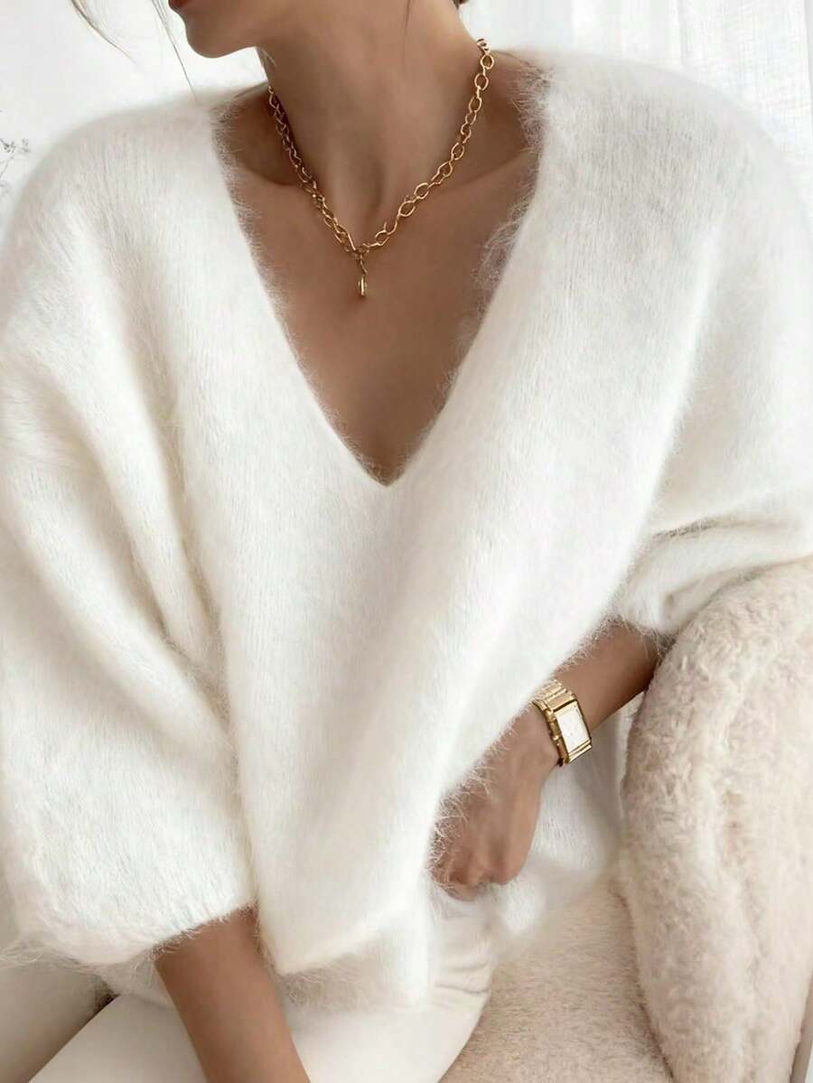 女士V领纯色精细丝绒针织毛衣 白色 度假款 - 白色 - 查看 1