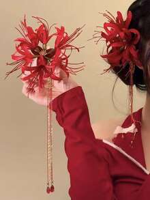1pc Red Spider Lily Flower Hair Clips For Women Tassel Flower Clips For Hair Accessories Lycoris Radiata Floral Hairclip Clip Cute Decorativ - Red - View 5
