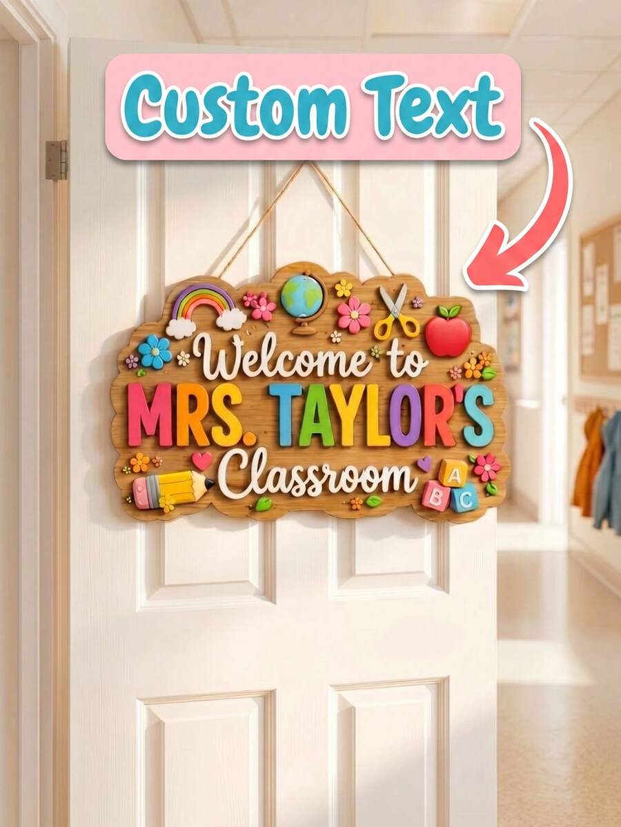 1pc Customized Teacher Name Door Sign, Personalized Wavy Edge Wooden Door Hanging Decor, Classroom Decoration, School Supplies, Back To School, Teacher Appreciation Gift, Teacher's Day Gift, Classroom Essential, New Teacher Welcome Gift, Personalized Gift - Multicolor - View 1