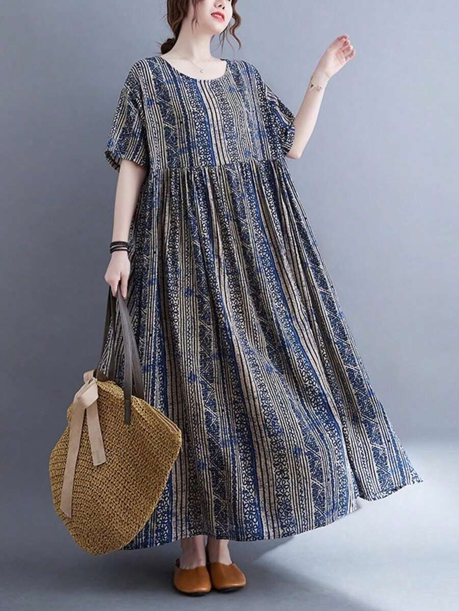 Summer 2026 Striped Dress, Women's Bohemian Casual Beach Vacation Dress. This Loose-Fitting A-Line Dress Features A Round Neck And Batwing Sleeves. - Azul Marino - 查看 1