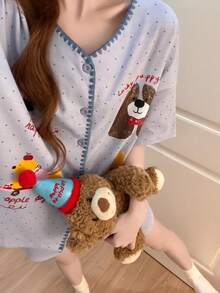 2件組女款睡衣家居服套裝，可愛動物印花鈕扣短袖簡約休閒時尚短褲，舒適居家，易打理面料 - 藍色 - 查看 8