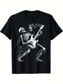 Camiseta de hombre con estampado de guitarrista y calavera - Camiseta deúsica en blanco y negro, diseño de guitarra eléctrica y presentaciones escénicas, camiseta casual de manga corta con - Negro - Ver 2