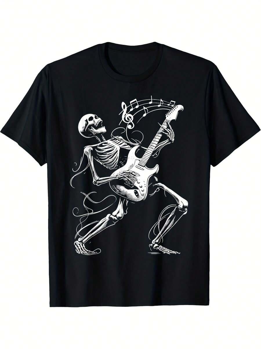 Camiseta de hombre con estampado de guitarrista y calavera - Camiseta deúsica en blanco y negro, diseño de guitarra eléctrica y presentaciones escénicas, camiseta casual de manga corta con