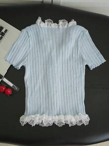 Koleksi Terbaru Musim Semi/Panas: Atasan Pendek Patchwork Renda dengan Desain Unik dan Menarik, Kardigan Lengan Pendek Renda Pas Badan yang Manis & Pedas - biru muda - View 5